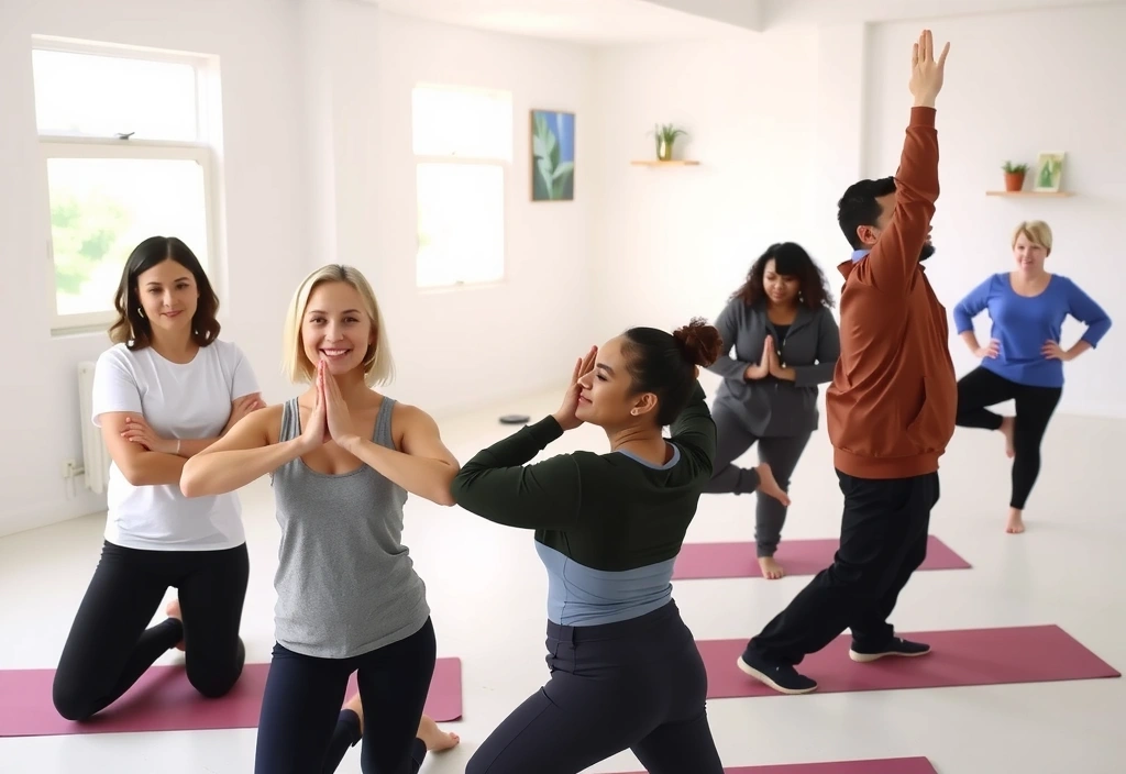 A group of diverse people practicing yoga together in a bright, spacious studio, demonstrating unity and shared well-being.