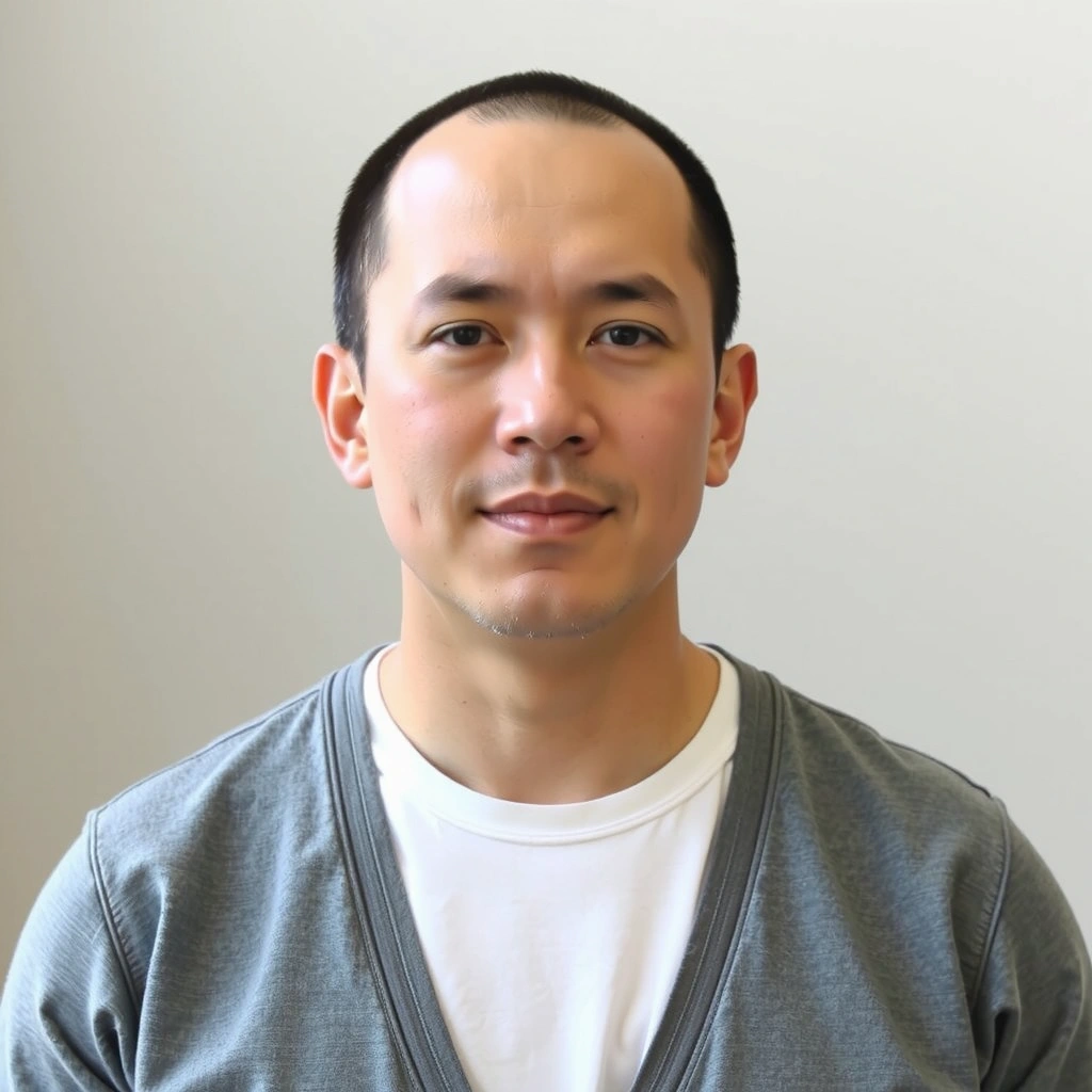 Instructor David Lee in a meditation pose, looking calm.