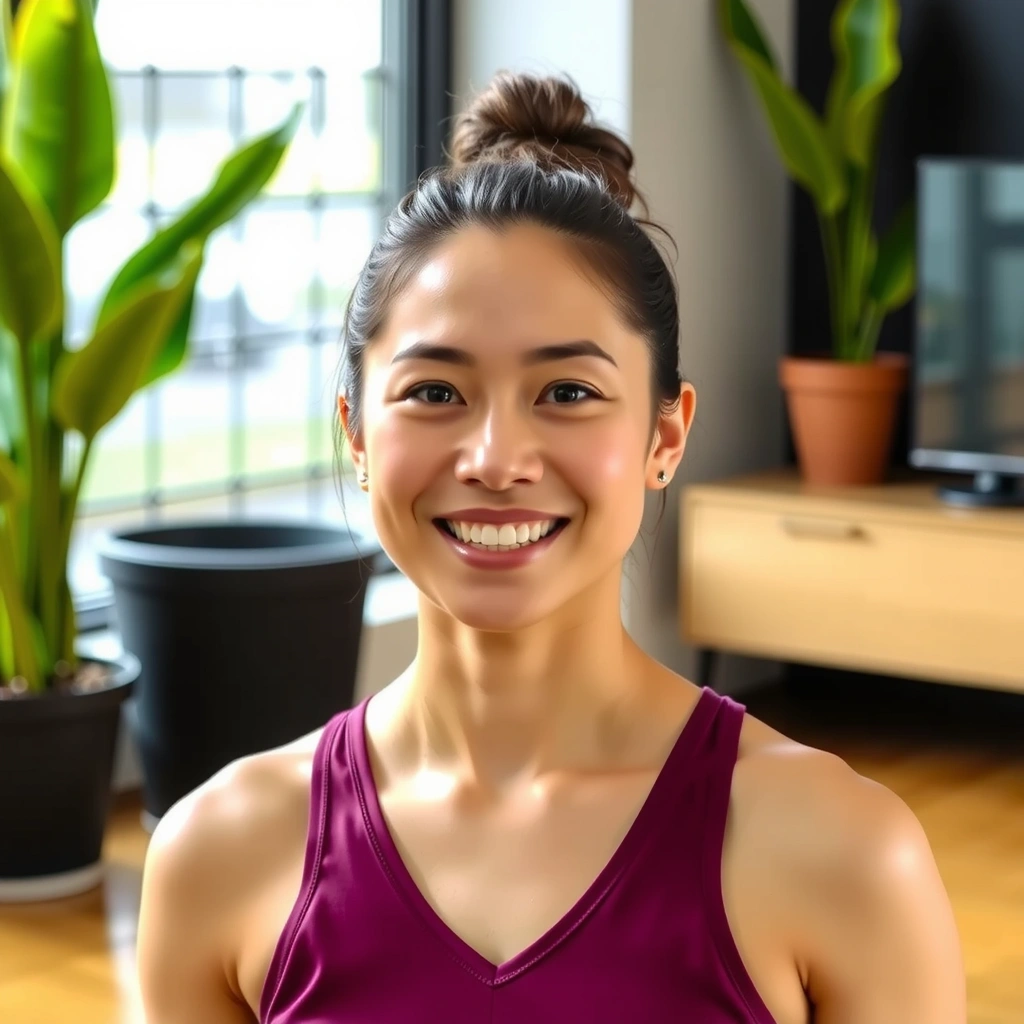 Instructor Sarah Chen smiling warmly, wearing yoga attire.
