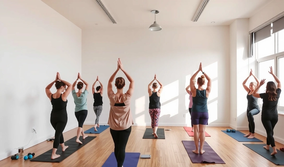 Dynamic Vinyasa Yoga flow in progress, energetic studio