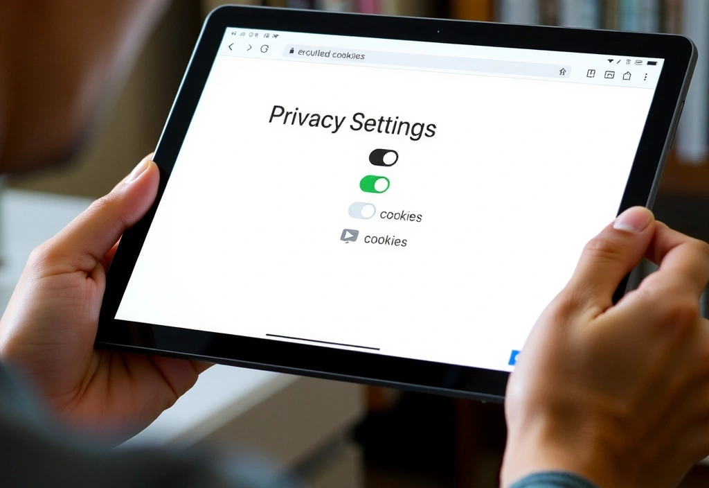 Hands interacting with a tablet showing browser settings for cookie management.