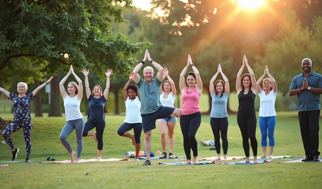 Group of diverse people practicing yoga together, smiling and in harmonious poses